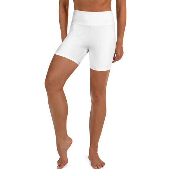 Solid White Color Workout Gym Fitness Pants, High Waist Yoga Shorts- Made in USA-Yoga Shorts-Heidi Kimura Art LLC