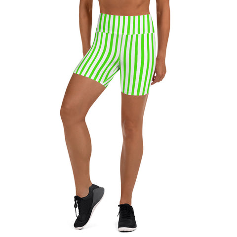 Green White Striped Vertical Print Women's Yoga Workout Shorts- Made in USA/ EU-Yoga Shorts-Heidi Kimura Art LLC