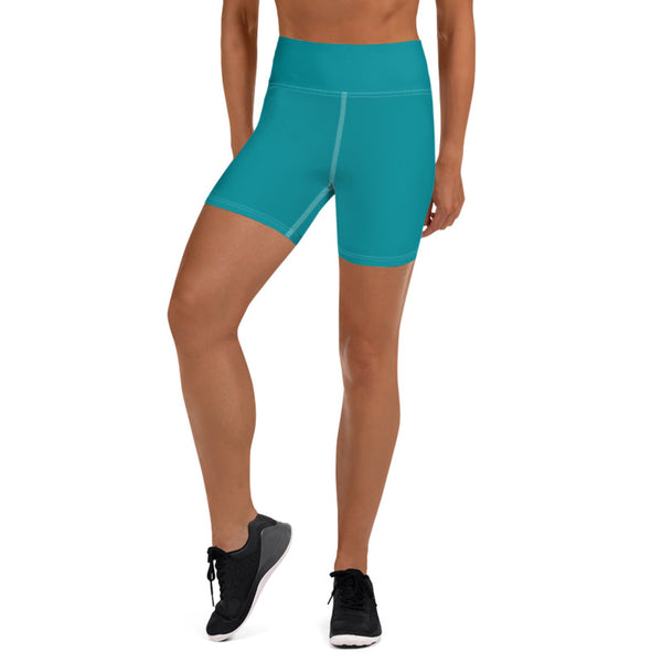 Teal Blue Solid Color Premium Quality Fitness Workout Yoga Shorts- Made in USA-Yoga Shorts-Heidi Kimura Art LLC Teal Blue Yoga Shorts, Teal Blue Solid Color Premium Quality Women's High Waist Spandex Fitness Workout Yoga Shorts, Yoga Tights, Fashion Gym Quick Drying Short Pants With Pockets - Made in USA/EU (US Size: XS-XL)