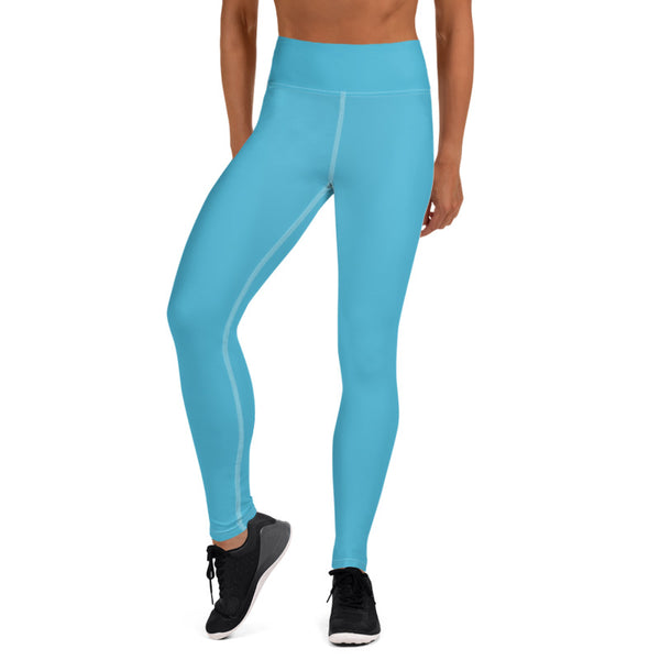 Light Blue Solid Color Women's Premium Long Yoga Leggings Pants- Made in USA/ EU-legging-Heidi Kimura Art LLC