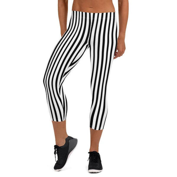 Black White Vertical Striped Print Women's Dressy Fashion Capri Leggings- Made in USA/ EU-capri leggings-Heidi Kimura Art LLC