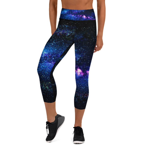 Purple Outer Space Galaxy Print Women's Yoga Capri Leggings Pants- Made in USA/ EU-Capri Yoga Pants-Heidi Kimura Art LLC