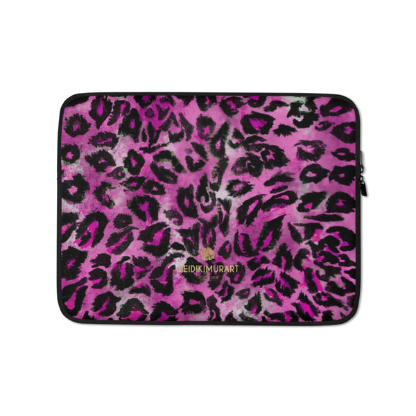 Pink Leopard Animal Print Cute Designer Laptop Sleeve Cover Protective Case-Made in USA/EU-Laptop Sleeve-Heidi Kimura Art LLC