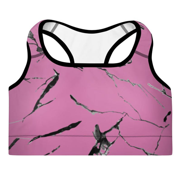Pink Marble Print Premium Women's Padded Sports Gym Workout Bra- Made in USA/ EU-Sports Bras-Heidi Kimura Art LLC