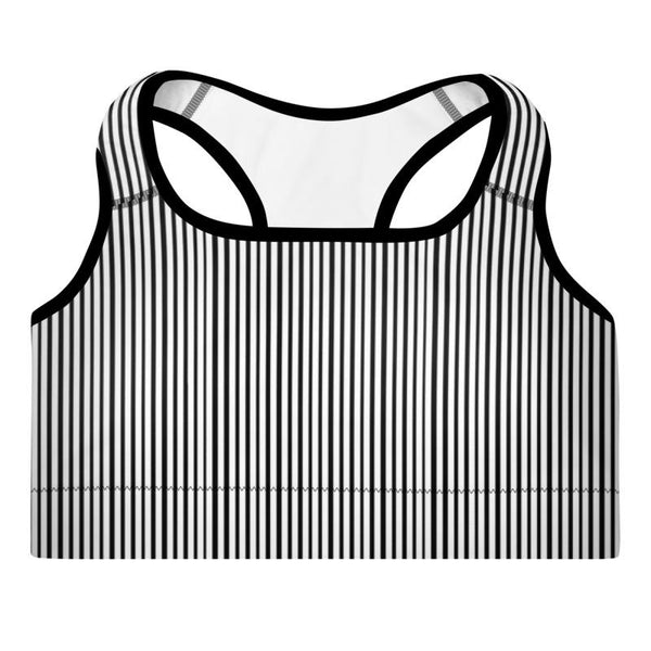 White Black Vertical Stripe Print Premium Padded Gym Sports Bra- Made in USA/ EU-Sports Bras-Heidi Kimura Art LLC