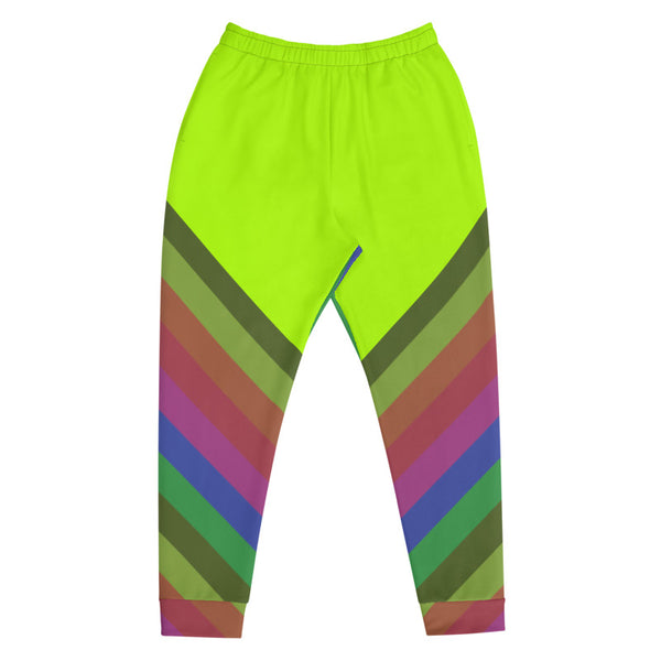 Neon Green Faded Rainbow Stripe Print Men's Rave Party Fashion Joggers - Made in EU-Men's Joggers-Heidi Kimura Art LLC