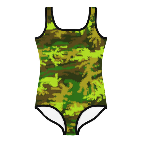 Green Army Camo Military Kids Soldiers Print Girl's Swimsuit Swimwear- Made in USA-Kid's Swimsuit (Girls)-Heidi Kimura Art LLC