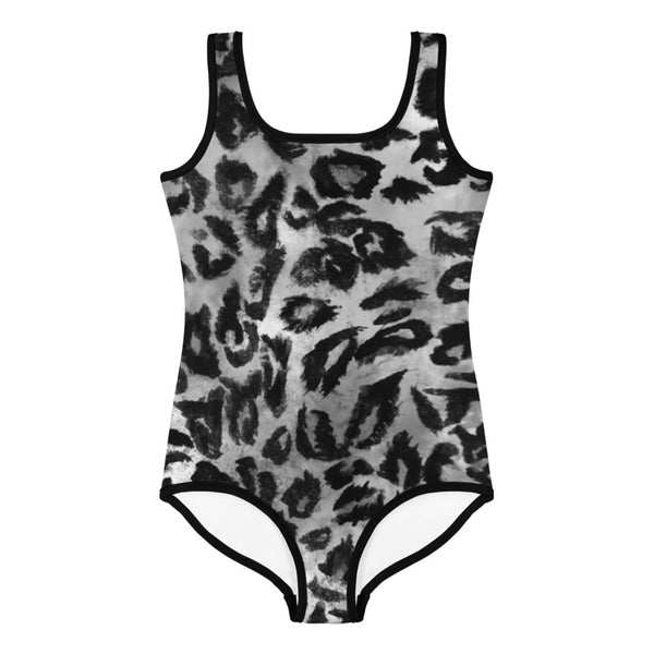 Gray Leopard Print Girl's Swimsuit, Animal Print Kids Sports Swimwear- Made in USA/EU-Kid's Swimsuit (Girls)-Heidi Kimura Art LLC