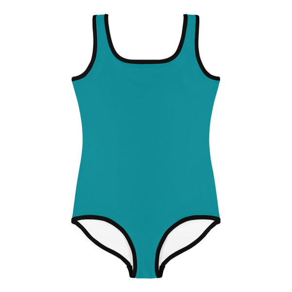 Teal Blue Solid Color Print Kids Cute Girl's Swimsuit- Made in USA (US Size: 2T-7)-Kid's Swimsuit (Girls)-Heidi Kimura Art LLC
