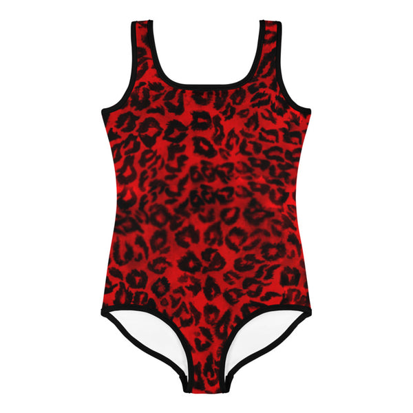 Red Leopard Print Kid's Swimsuit, Animal Print Cute Girl's Swimwear- Made in USA/EU-Kid's Swimsuit (Girls)-Heidi Kimura Art LLC