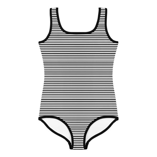 Dense Black White Horizontal Striped Girl's Kids Cute Sportswear Swimsuit- Made in USA-Kid's Swimsuit (Girls)-Heidi Kimura Art LLC