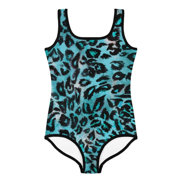 Blue Leopard Print Girl's Swimsuit, Animal Print Kids Swimwear Sportswear- Made in USA/EU-Kid's Swimsuit (Girls)-Heidi Kimura Art LLC