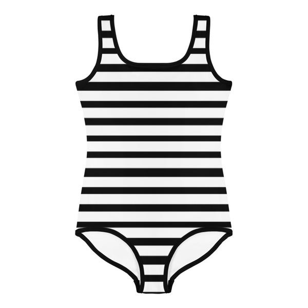 Horizontal Black White Stripe Print Cute Girl's Kids Swimsuit Swimwear- Made in USA-Kid's Swimsuit (Girls)-Heidi Kimura Art LLC