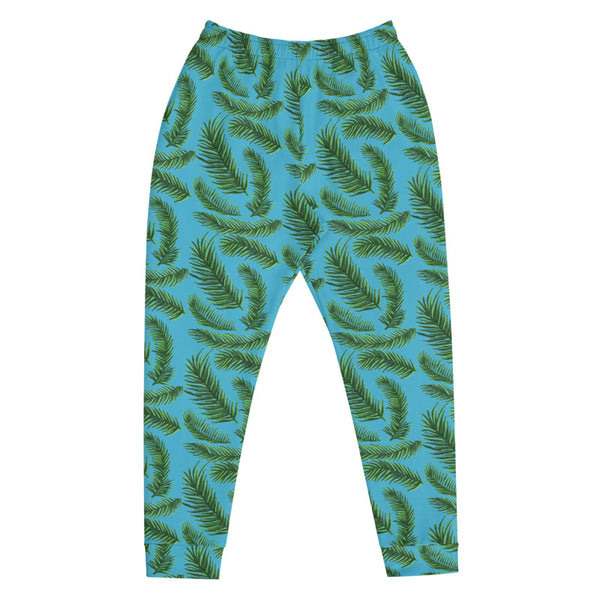 Blue Green Palm Tropical Leaf Print Designer Men's Joggers-Made in EU-Men's Joggers-Heidi Kimura Art LLC