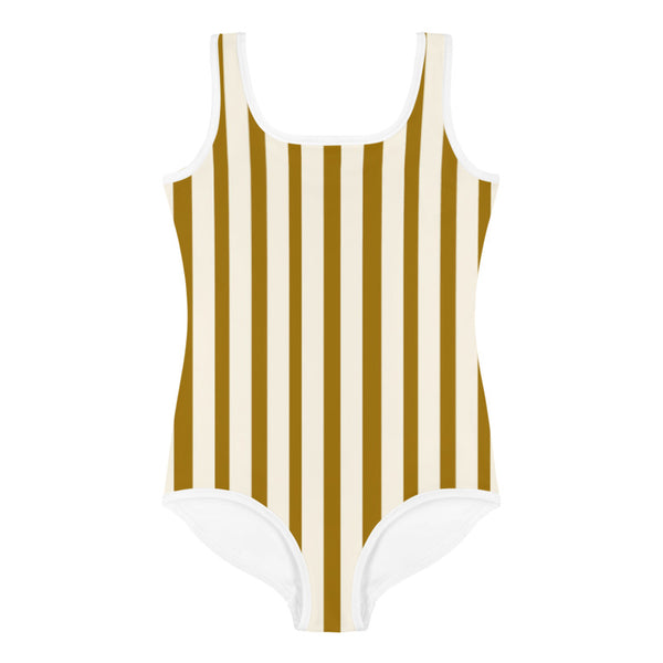 Brown Vertical Stripe Print Cute Kids Girl's Swimsuit Sports Swimwear- Made in USA-Kid's Swimsuit (Girls)-Heidi Kimura Art LLC