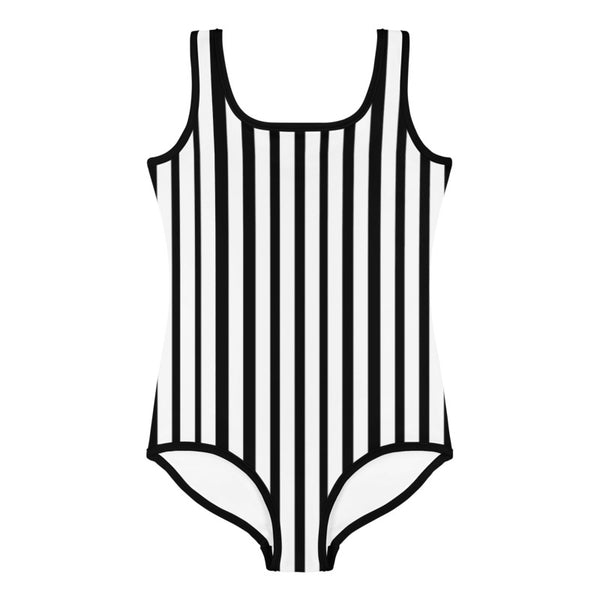 Black Striped Girl's Swimsuits, White Vertical Stripe Print Premium Kids Sports Swimsuit-Kid's Swimsuit (Girls)-Heidi Kimura Art LLC