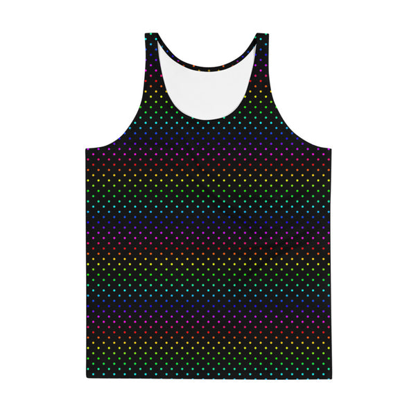 Black Rainbow Polka Dots Print Gay Friendly Colorful Unisex Tank Top- Made in USA-Men's Tank Top-Heidi Kimura Art LLC Black Rainbow Men's Tank Top, Black Polka Dot Rainbow Print Gay Pride Gay Men Stylish Premium Quality Men's Unisex Tank Top - Made in USA/ Europe (US Size: XS-2XL)
