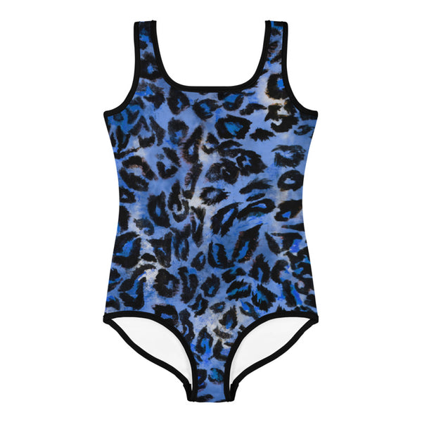 Blue Leopard Print Girl's Swimsuit, Animal Print Kids Cute Sports Swimwear- Made in USA-Kid's Swimsuit (Girls)-Heidi Kimura Art LLC