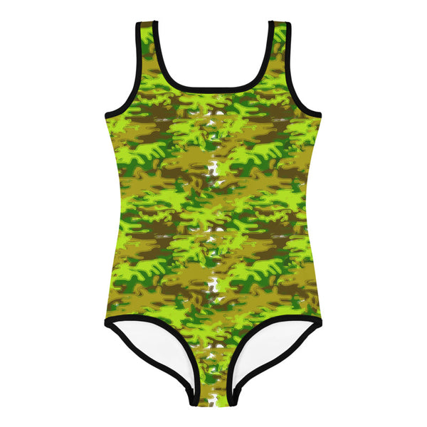 Fun Green Camouflage Army Military Print Girl's Kids Swimsuit Swimwear- Made in USA-Kid's Swimsuit (Girls)-Heidi Kimura Art LLC