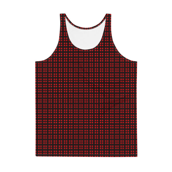 Red Black Buffalo Plaid Print Designer Unisex Men's or Women's Tank Top- Made in USA-Men's Tank Top-Heidi Kimura Art LLC