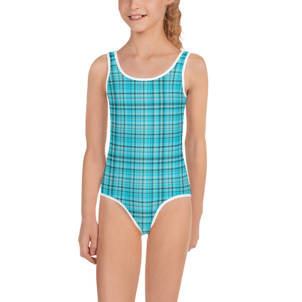 Light Blue Tartan Plaid Print Kids Girls Swimsuit Swimwear Bathing Suits-Made in USA/EU-Kid's Swimsuit (Girls)-Heidi Kimura Art LLC