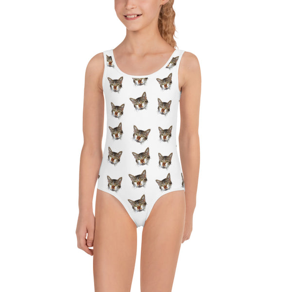 White Cat Print Girl's Swimsuit, Cute Kids Swimwear- Made in USA/EU (US Size: 2T-7)-Kid's Swimsuit (Girls)-Heidi Kimura Art LLC
