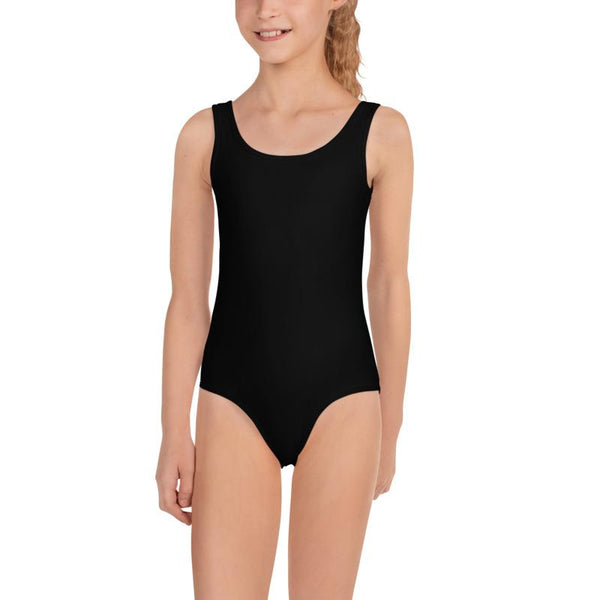 Black Girl's Swimsuit, Black Solid Color Print Girl's Kids Luxury Premium Modern Fashion Swimsuit Swimwear Bathing Suit Children Sportswear- Made in USA/EU (US Size: 2T-7)