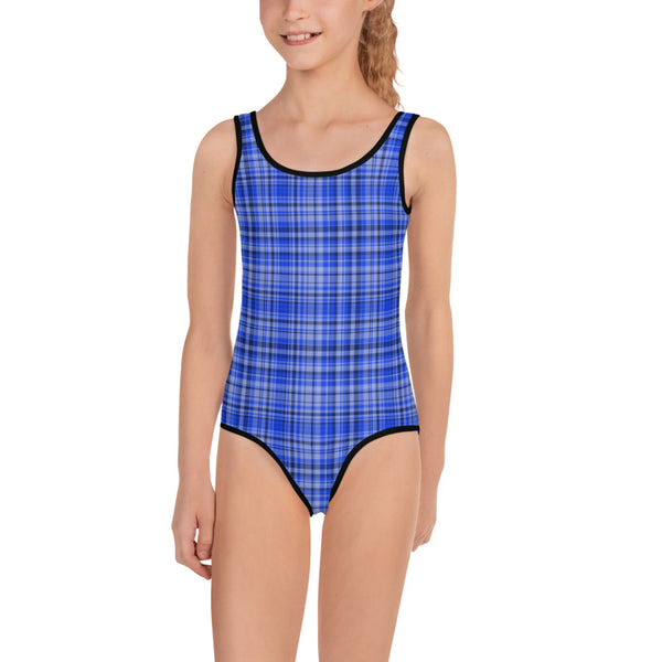 Blue Plaid Tartan Print Girls Kids Designer Swimsuit Swimwear Bathing Suits -Made in USA/EU-Kid's Swimsuit (Girls)-Heidi Kimura Art LLC