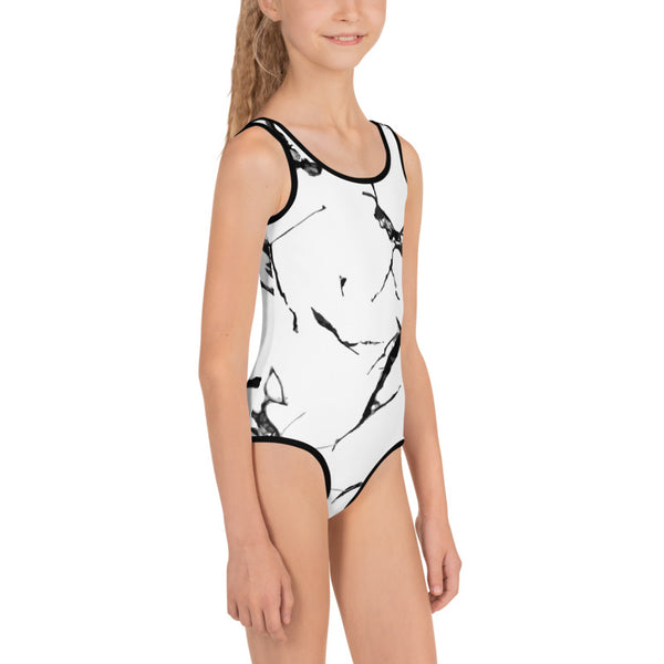 Gray White Marble Designer Print Kids Swimsuit Swimwear Bathing Suits- Made in USA/EU-Kid's Swimsuit (Girls)-Heidi Kimura Art LLC