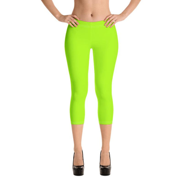 Neon Lime Green Solid Color Women's Bright Capri Leggings Tights- Made in USA/ EU-capri leggings-Heidi Kimura Art LLC