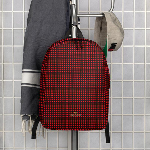 Red Buffalo Plaid Print Designer Minimalist School Laptop Travel Backpack- Made in EU-Minimalist Backpack-Heidi Kimura Art LLC