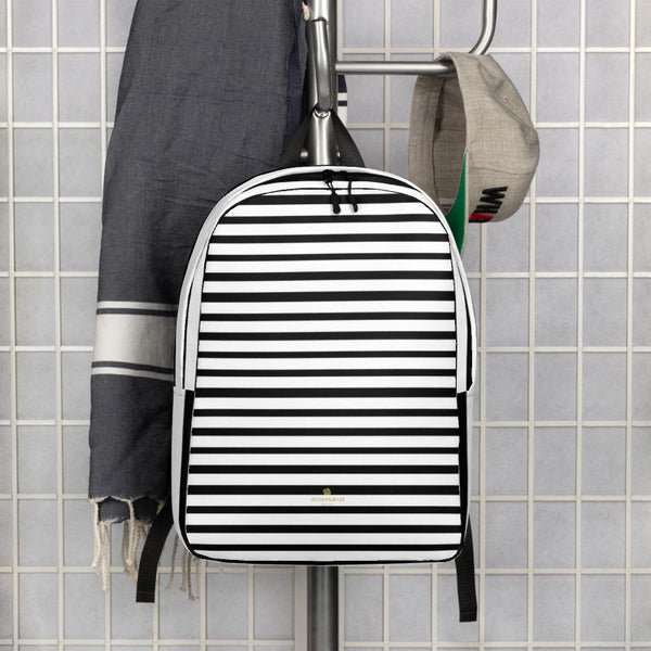 Black White Horizontal Stripe Print Modern Minimalist Backpack Laptop Bag- Made in EU-Minimalist Backpack-Heidi Kimura Art LLC