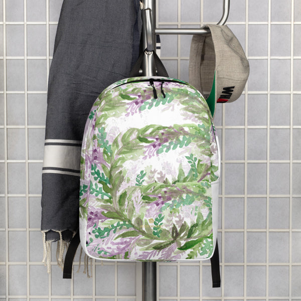 White Lavender Backpack, Floral Print Pattern White Modern Unisex Designer Minimalist Water-Resistant Ergonomic Padded Backpack With Large Inside Pocket to Fit Most 15" Laptops - Made in EU, Minimalist Backpack