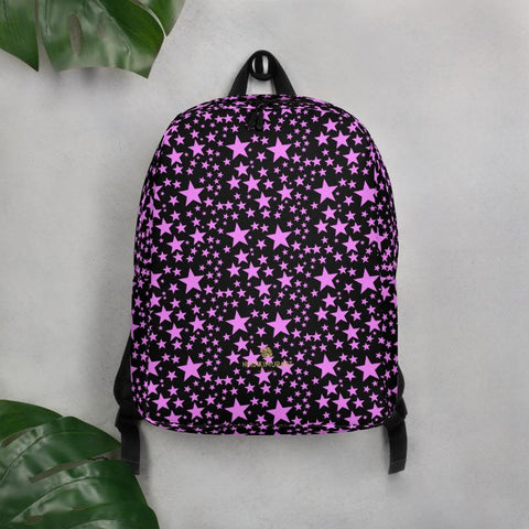 Pink Star Pattern Print Black Minimalist Backpack With Large Inside Pocket- Made in EU-Minimalist Backpack-Heidi Kimura Art LLC