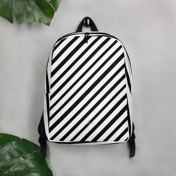 Black White Diagonal Stripe Print Modern Minimalist Backpack Laptop Bag- Made in EU-Minimalist Backpack-Heidi Kimura Art LLC