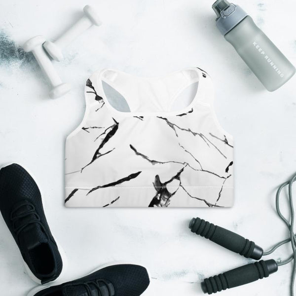 White Gray Marble Abstract Print Women's Padded Gym Sports Bra- Made in USA/ EU-Sports Bras-Heidi Kimura Art LLC