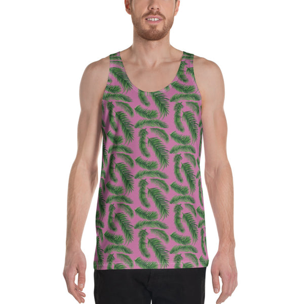 Pink Green Tropical Leaf Print Premium Gay Friendly Unisex Tank Top- Made in USA-Men's Tank Top-Heidi Kimura Art LLCPink Green Tropical Leaf Tanks, Hawaiian Style Print Pink Green Tropical Palm Leaf Print Stylish Premium Quality Men's Unisex Tank Top - Made in USA/ Europe (US Size: XS-2XL)