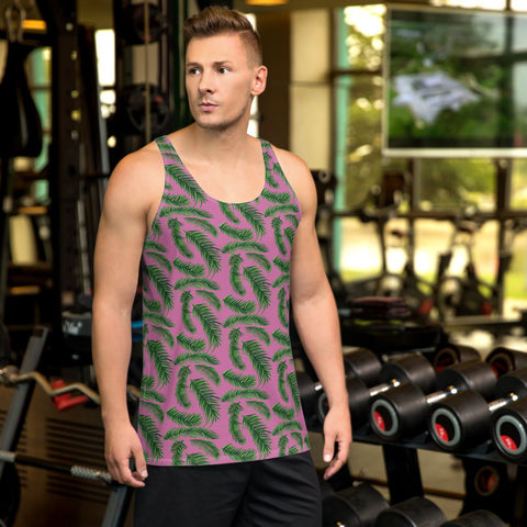 Pink Green Tropical Leaf Print Premium Gay Friendly Unisex Tank Top- Made in USA-Men's Tank Top-Heidi Kimura Art LLC Pink Green Tropical Leaf Tanks, Hawaiian Style Print Pink Green Tropical Palm Leaf Print Stylish Premium Quality Men's Unisex Tank Top - Made in USA/ Europe (US Size: XS-2XL)