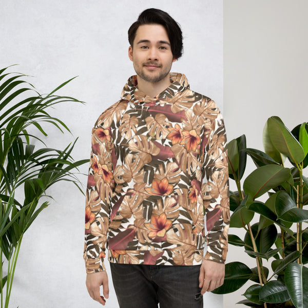 Brown Fall Tropical Leaf Print Ladies Unisex Hoodie Sweatshirt Pullover- Made in EU-Women's Hoodie-Heidi Kimura Art LLC