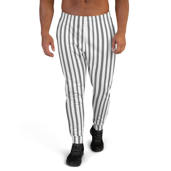 Grey White Striped Men's Joggers, Vertical Stripes Modern Slim-Fit Designer Ultra Soft & Comfortable Men's Joggers, Men's Jogger Pants-Made in EU (US Size: XS-3XL)
