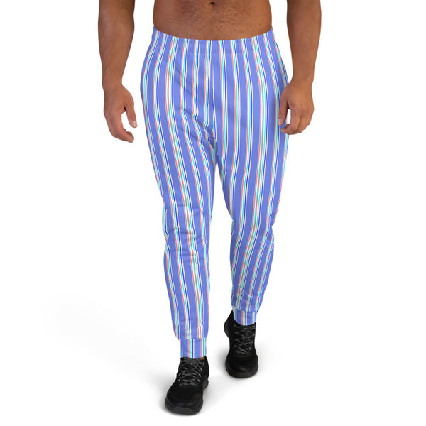 Pastel Blue Striped Men's Joggers, Modern Stripes Casual Minimalist Slim-Fit Designer Ultra Soft & Comfortable Men's Joggers, Men's Jogger Pants-Made in EU (US Size: XS-3XL)