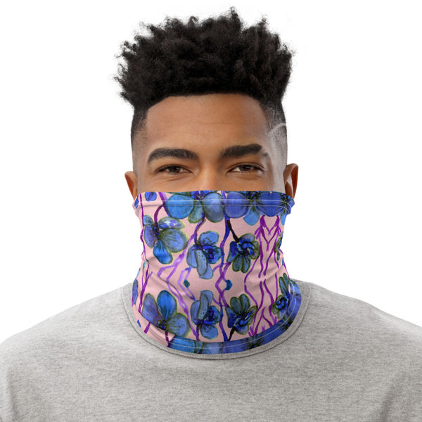Pink Blue Orchids Floral Face Mask, Reusable Washable Neck Gaiter-Heidi Kimura Art LLC-Heidi Kimura Art LLC Blue Pink Orchids Face Mask, Orchid Flower Floral Print Luxury Premium Quality Cool And Cute One-Size Reusable Washable Scarf Headband Bandana - Made in USA/EU, Face Neck Warmers, Non-Medical Breathable Face Covers, Neck Gaiters  