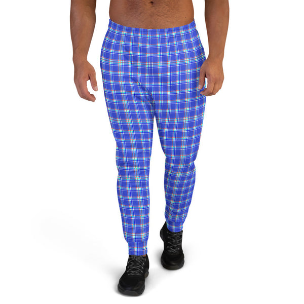 Pastel Blue Plaid Men's Joggers, Tartan Print Designer Ultra Soft & Comfortable Men's Joggers, Men's Jogger Pants-Made in EU (US Size: XS-3XL)