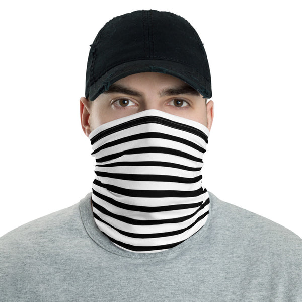 Black Striped Face Mask Shield, White Black Horizontal Stripe Print Luxury Premium Quality Cool And Cute One-Size Reusable Washable Scarf Headband Bandana - Made in USA/EU, Face Neck Warmers, Non-Medical Breathable Face Covers, Neck Gaiters  