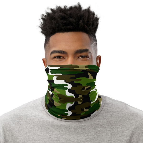 Green White Camo Neck Gaiter, Camouflage Army Military Print Luxury Premium Quality Cool And Cute One-Size Reusable Washable Scarf Headband Bandana - Made in USA/EU, Face Neck Warmers, Non-Medical Breathable Face Covers, Neck Gaiters  