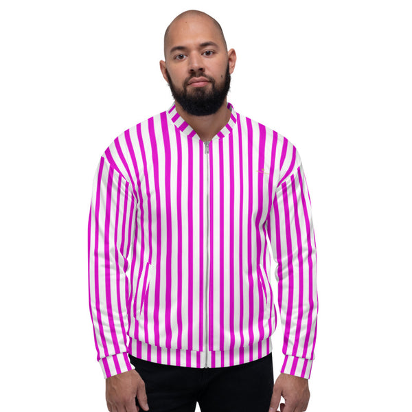 Pink Stripe Bomber Jacket, Vertical Striped Print Jacket, Modern Premium Quality Modern Unisex Jacket For Men/Women With Pockets-Made in EU