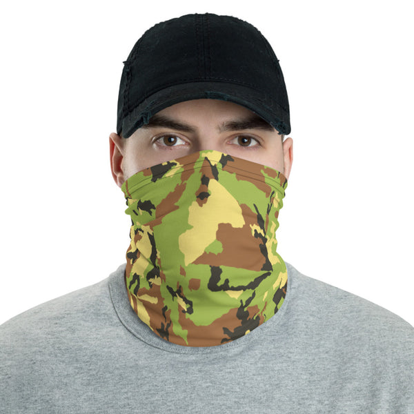 Green Brown Camo Neck Gaiter, Army Camouflage Military Face Mask Shield, Luxury Premium Quality Cool And Cute One-Size Reusable Washable Scarf Headband Bandana - Made in USA/EU, Face Neck Warmers, Non-Medical Breathable Face Covers, Neck Gaiters  