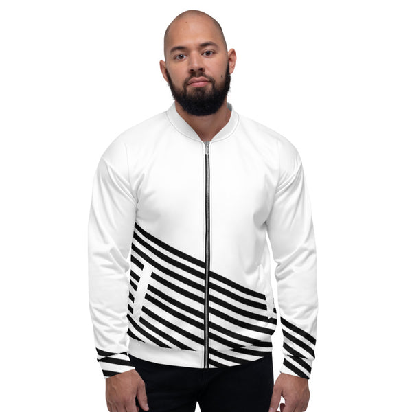 White Black Striped Bomber Jacket, Modern Premium Quality Modern Unisex Jacket For Men/Women With Pockets-Made in EU