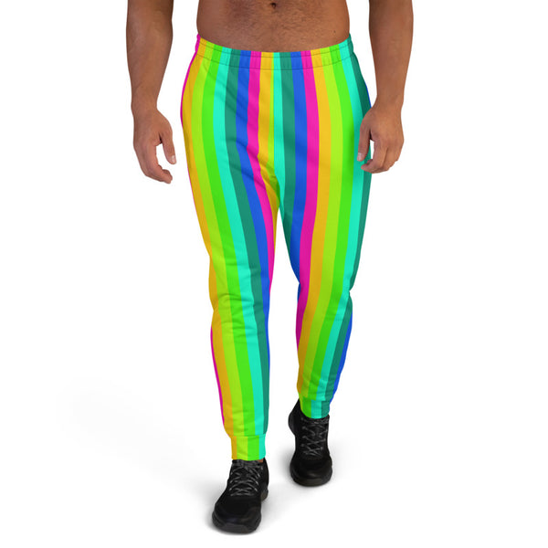 Bright Rainbow Men's Joggers, Colorful Striped Print Gay Pride Vertical Stripes Modern Slim-Fit Designer Ultra Soft & Comfortable Men's Joggers, Men's Jogger Pants-Made in EU (US Size: XS-3XL)