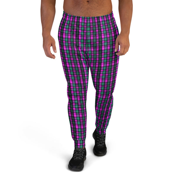 Pink Green Plaid Men's Joggers, Tartan Print Designer Ultra Soft & Comfortable Men's Joggers, Men's Jogger Pants-Made in EU (US Size: XS-3XL)